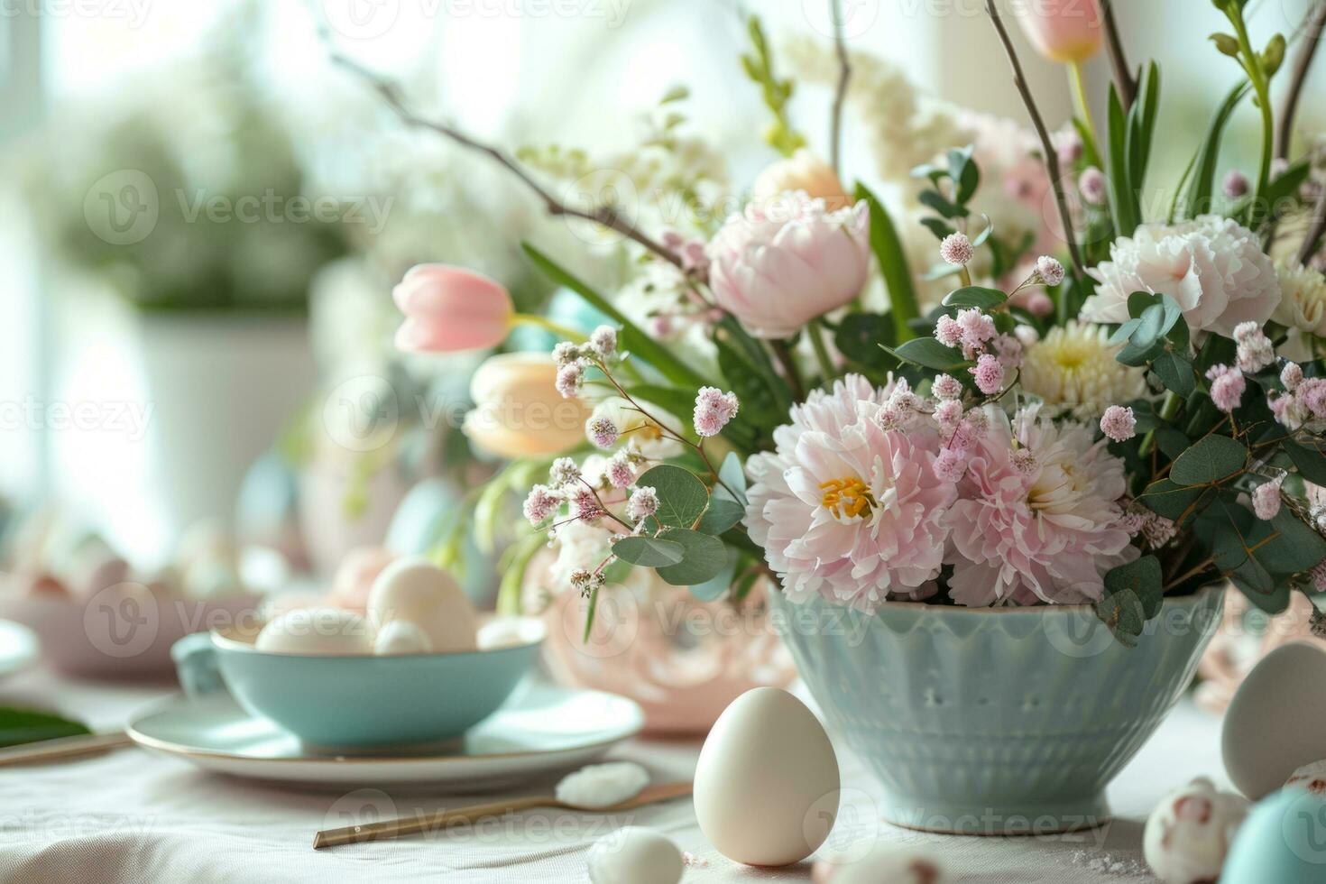 AI generated Easter eggs and flowers. Floral composition surrounded by Easter decor. Generative AI photo