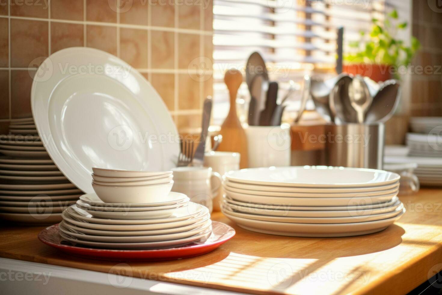 AI generated Clean dishes and utensils on kitchen counter. Set of clean tableware. Generative AI photo