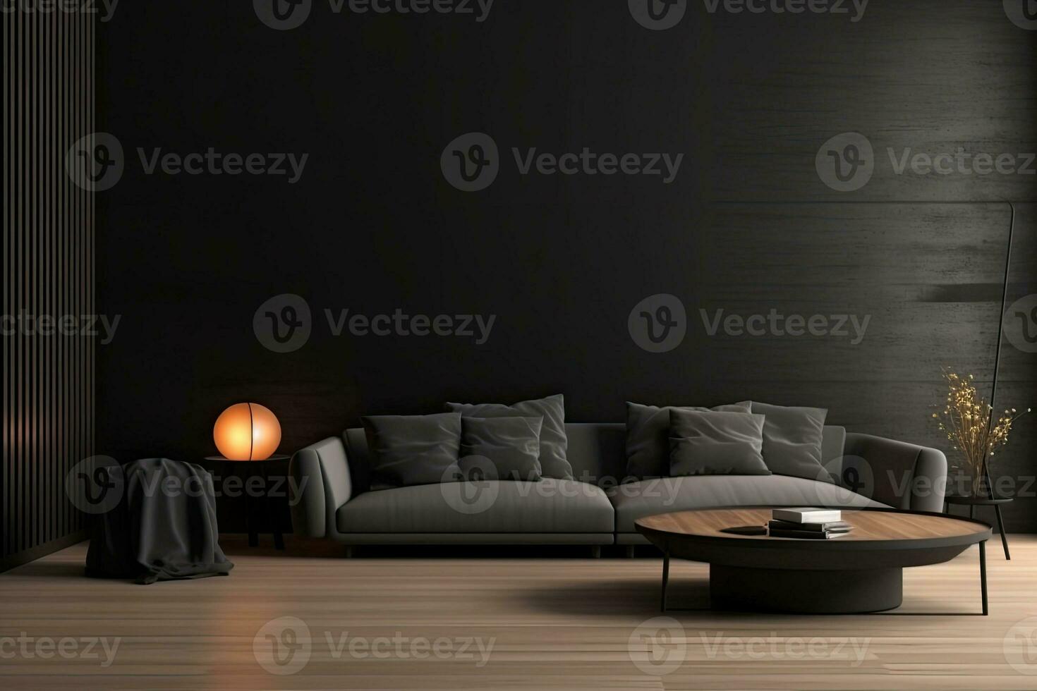 AI generated Modern living room interior in dark colors. Design dark sofa, table and decor. Generative AI photo