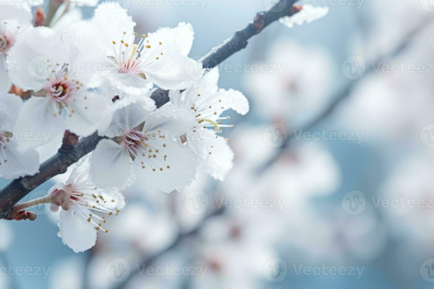AI generated Tree branch with blossoms on a snowy day. A winter blossom with glistening frost. Generative AI photo