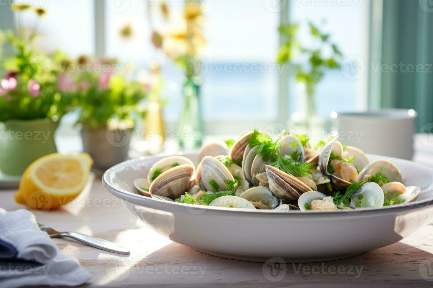AI generated Clam stew on a plate. Steamed shellfish clams with garlic and herbs. Generative AI photo