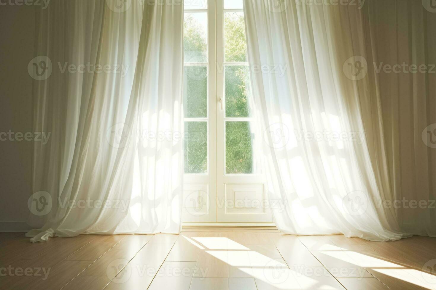 AI generated Sunlight streaming through windows with transparent curtains. Generative AI photo