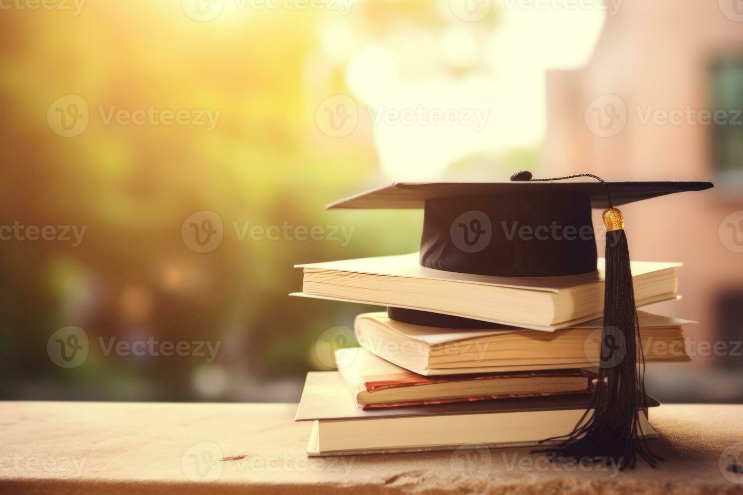 ai generado graduación sombrero y apilar de estudiar libros en un de madera mesa. educación, escuela, graduación y conocimiento concepto. generativo ai foto