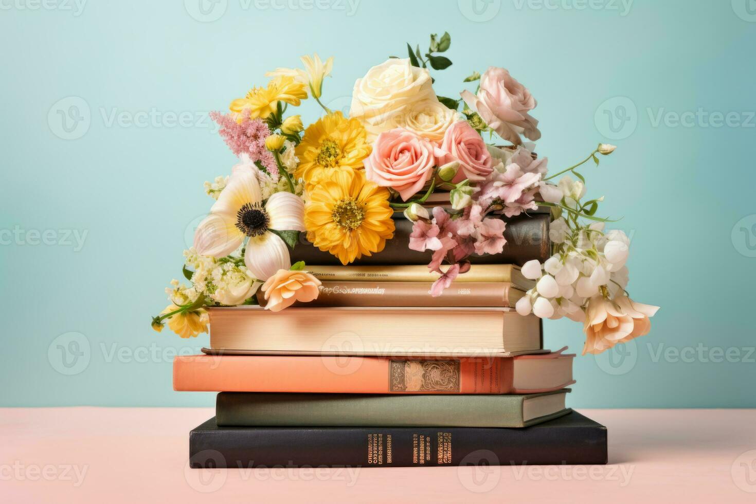 AI generated Stack of books adorned with fresh flowers. Concept of relaxation and reading. Generative AI photo