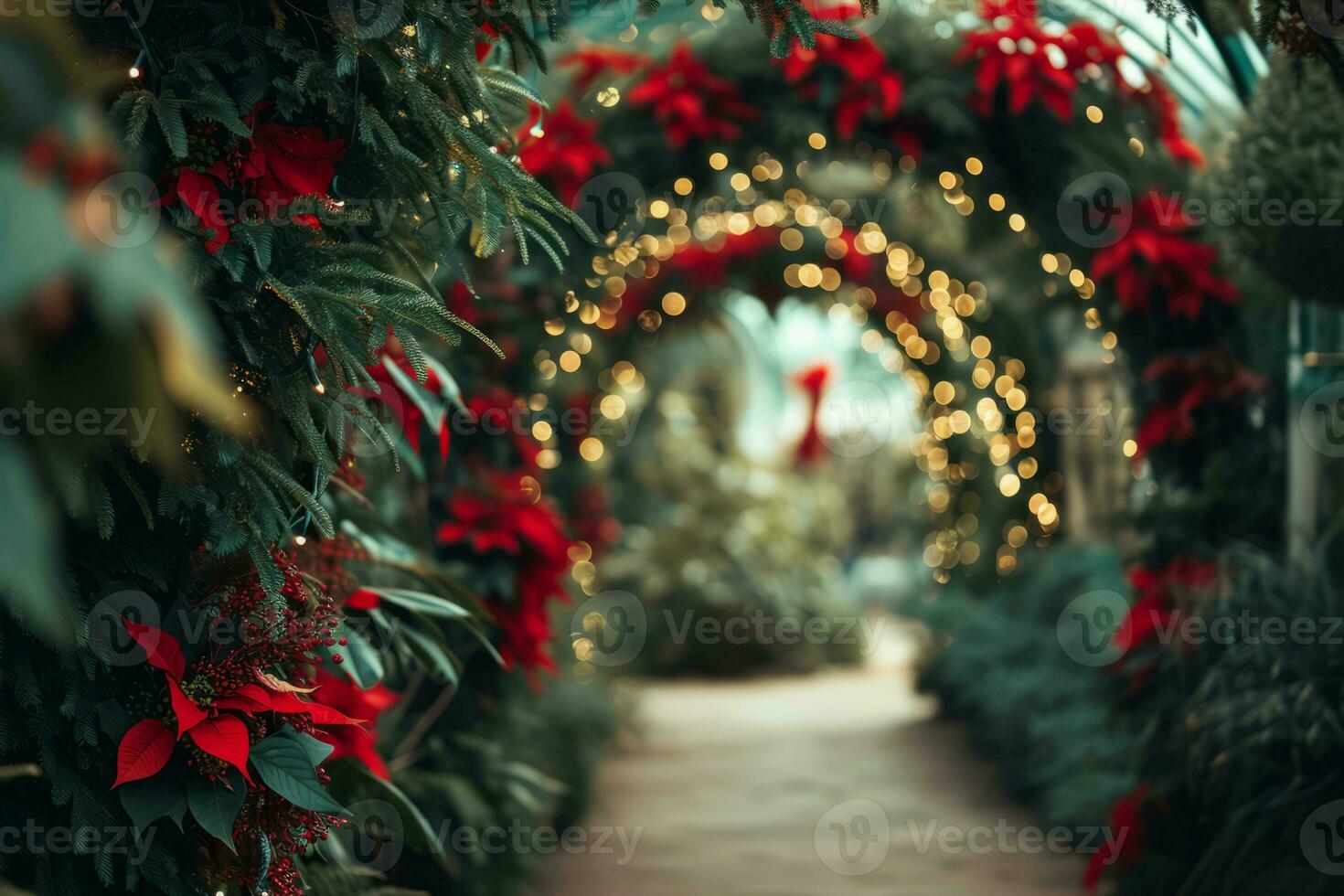 AI generated Archway with red flowers on a green natural background. Festive atmosphere. Generative AI photo