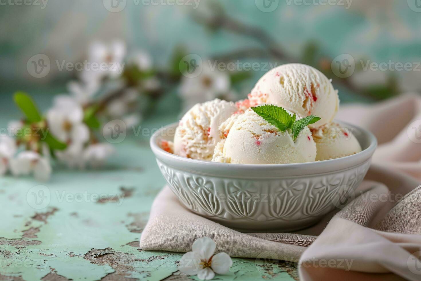 AI generated Ice cream with peppermint in a white bowl on a green background. Generative AI photo