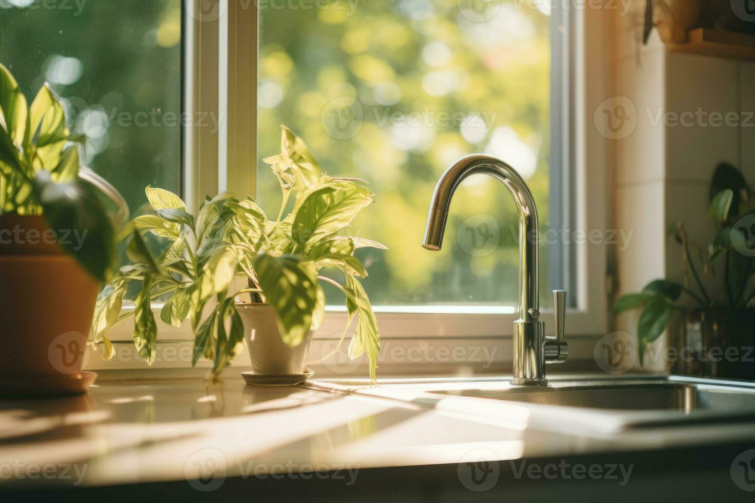 AI generated Sunlight shines on the sink from outside the window. Kitchen with a pot of green plants. Generative AI photo