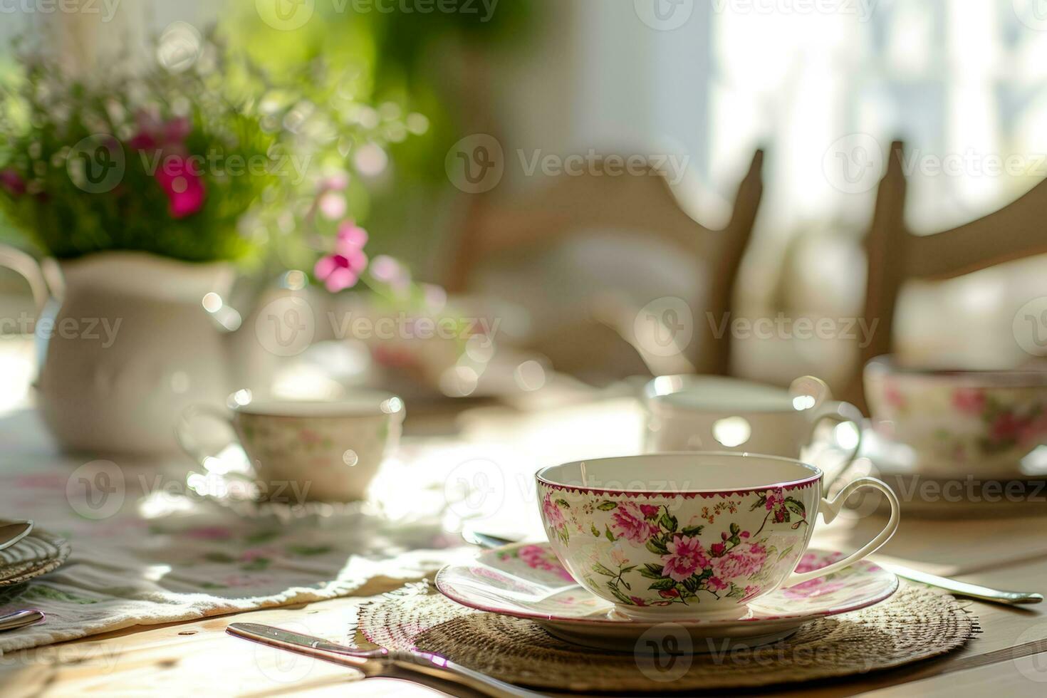 AI generated Dining table set with floral tableware on sunny light background. Generative AI photo