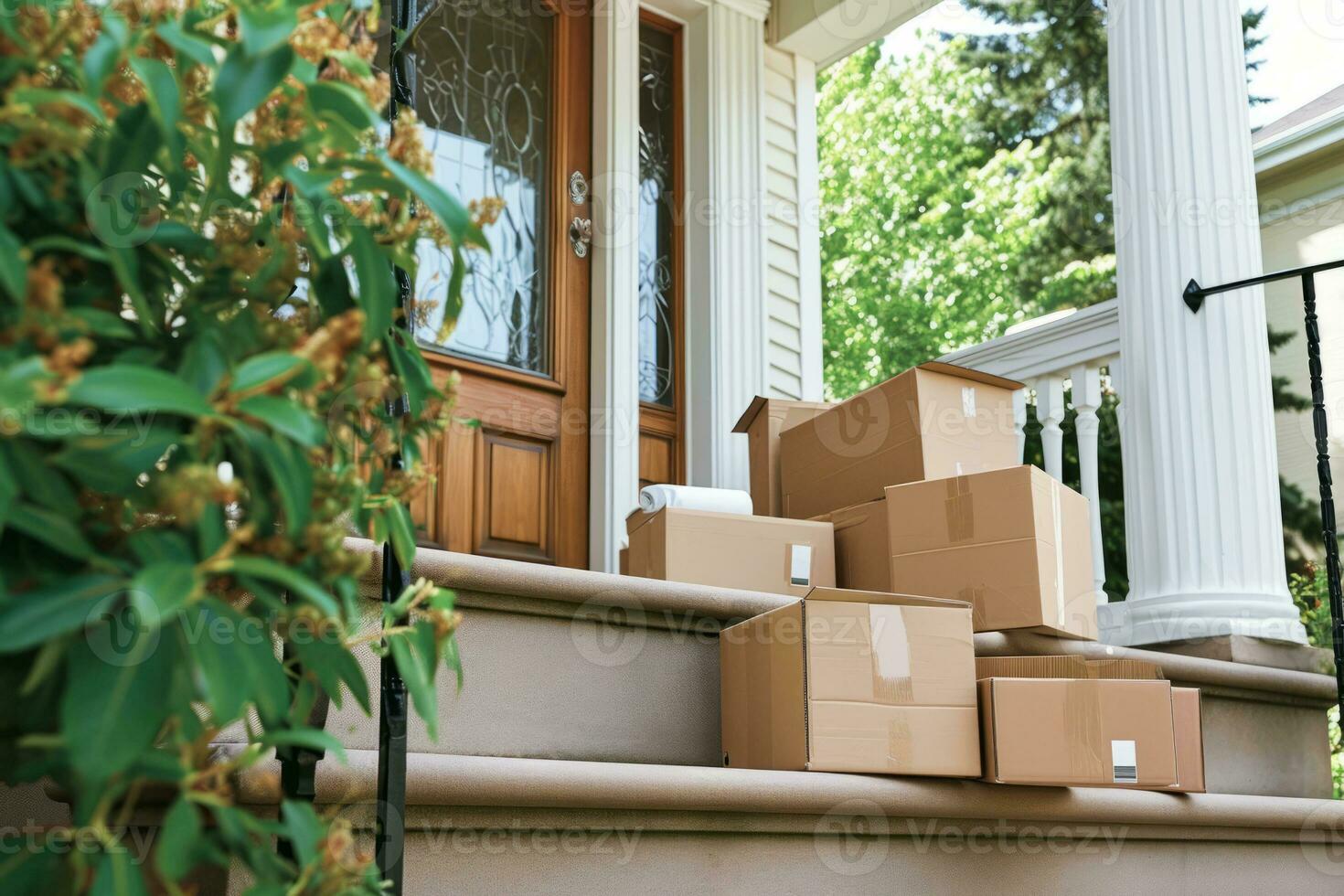 AI generated Moving boxes on the front steps of a house. Generative AI photo