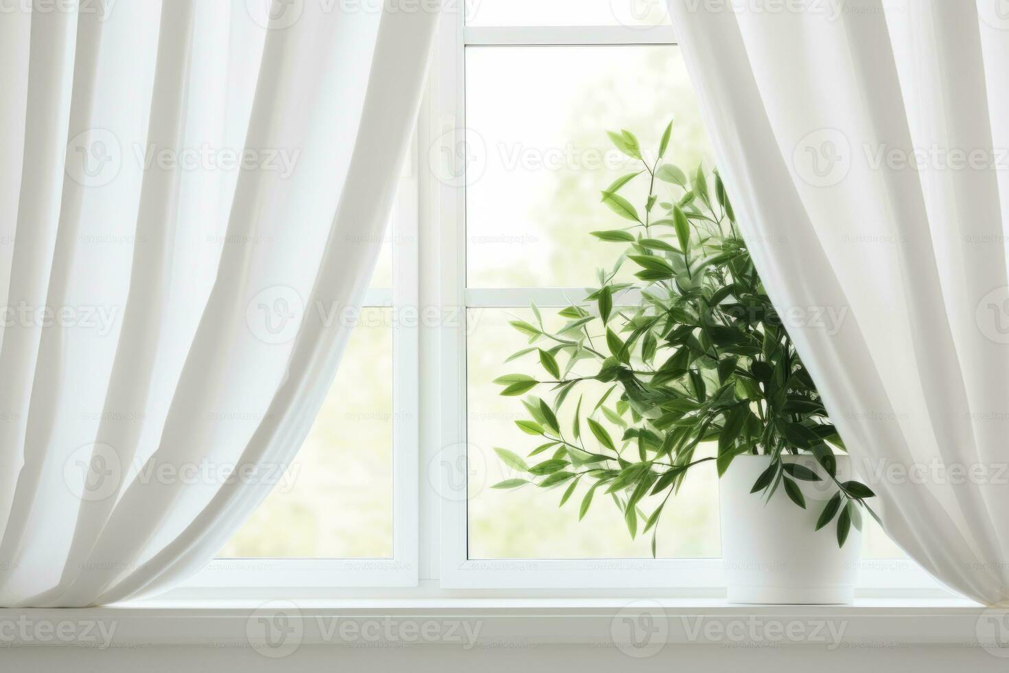 AI generated Green indoor plant by the window with a translucent white curtain. Generative AI photo