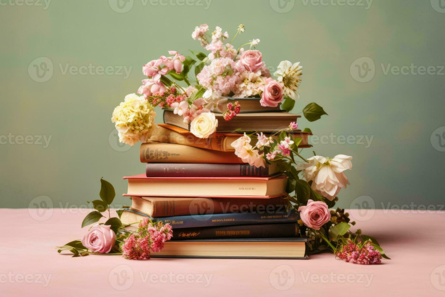 AI generated Stack of books adorned with fresh flowers. Concept of relaxation and reading. Generative AI photo