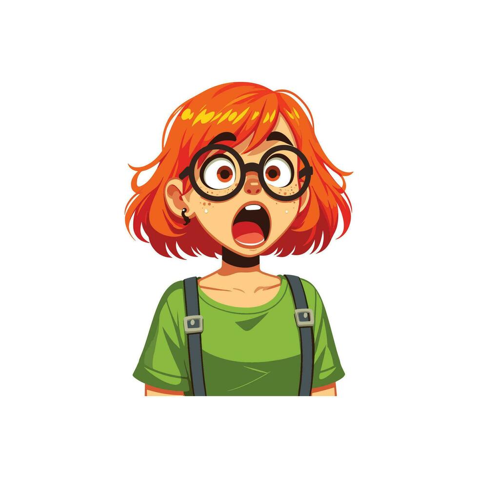Ginger haired girl wearing glasses with green clothes, vector illustration