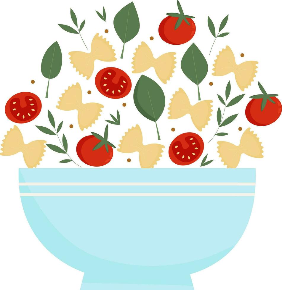 Pasta on a plate. Farfalle with basil and tomatoes on a dish. Vector illustration on white background