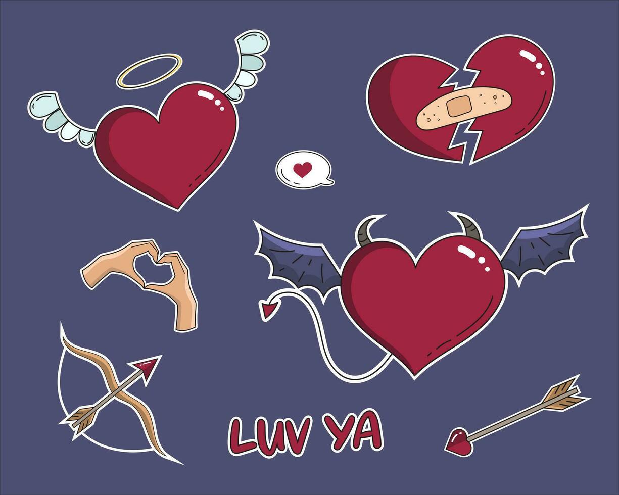 vector san valentin día conjunto con corazones y cupidos flechas retro estilo san valentin día. corazón con alas, roto corazón con un yeso.