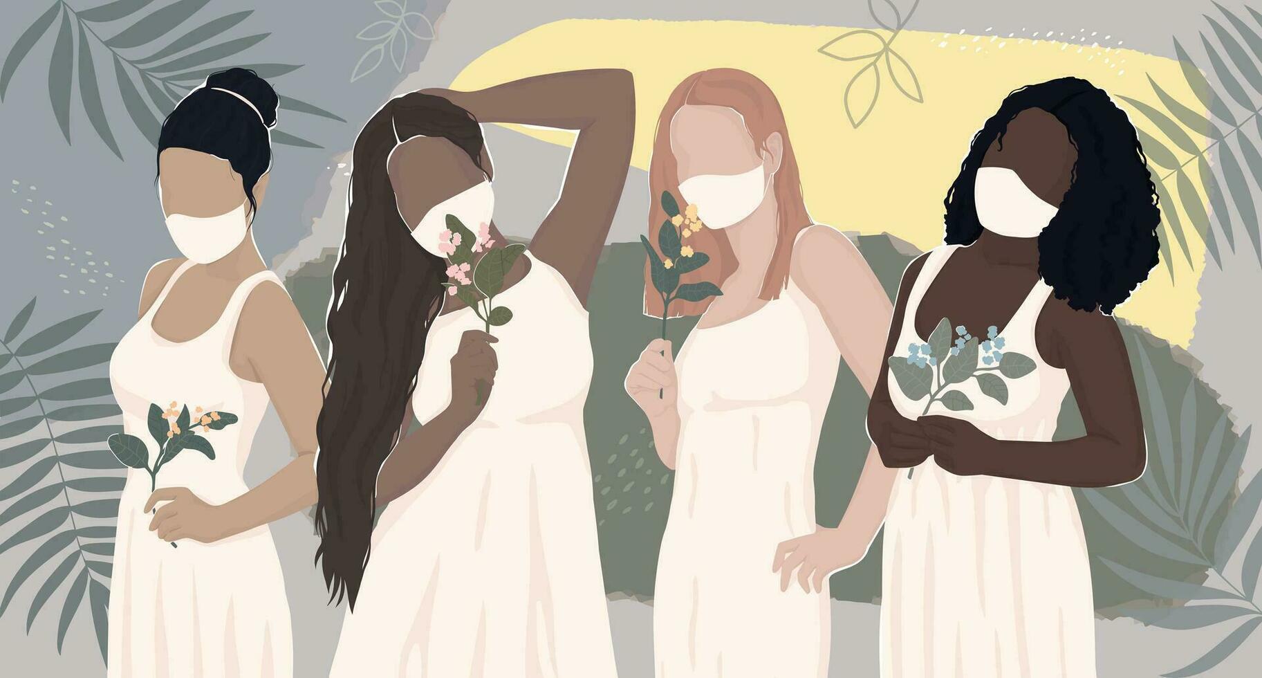 set of drawn women from different ethnic groups in white dresses hold flowers in their hands. vector modern flat illustration. isolated in layers. for postcard, poster, banner, magazine cover