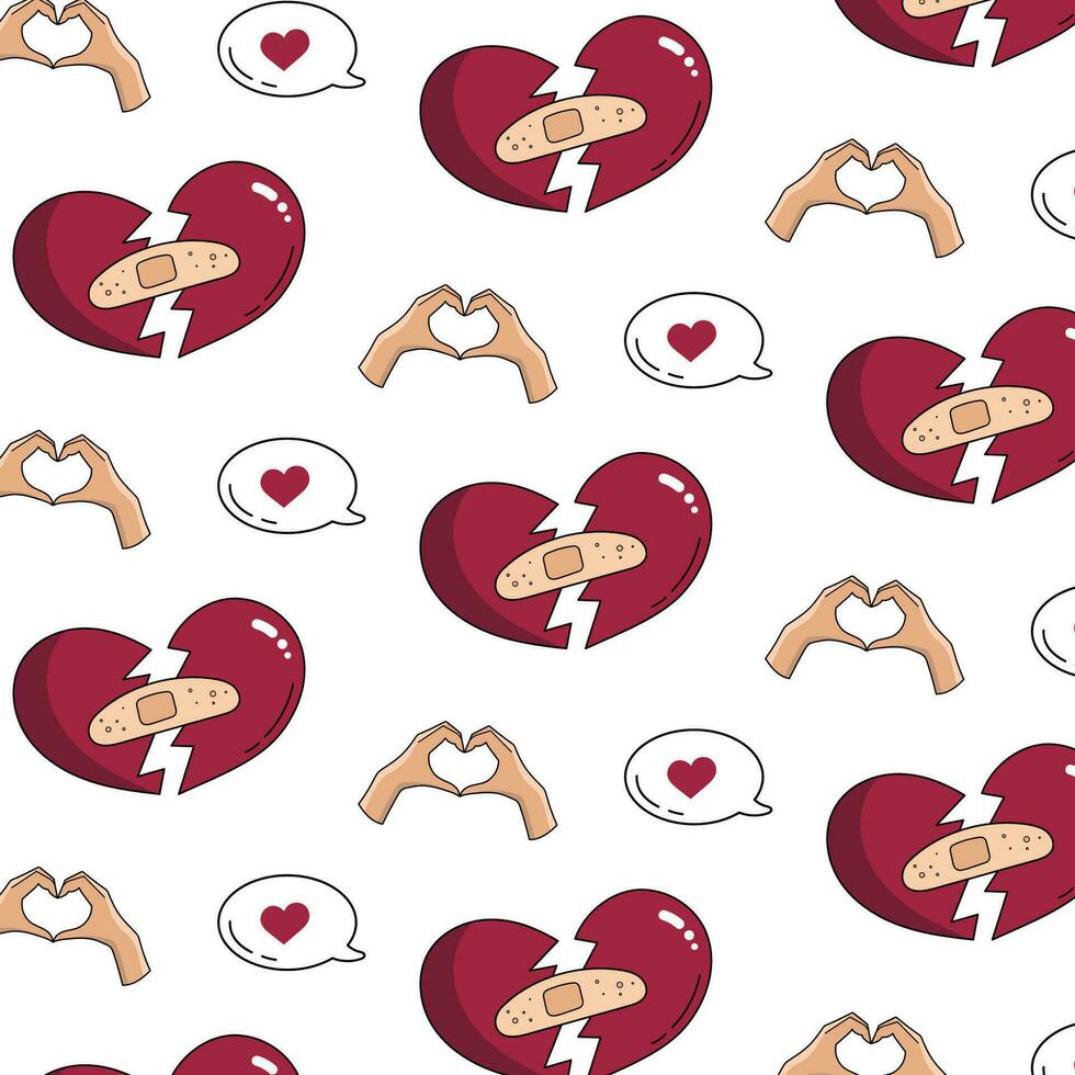 Seamless vector Valentines day pattern. Seamless pattern with a broken heart and a heart with hands.