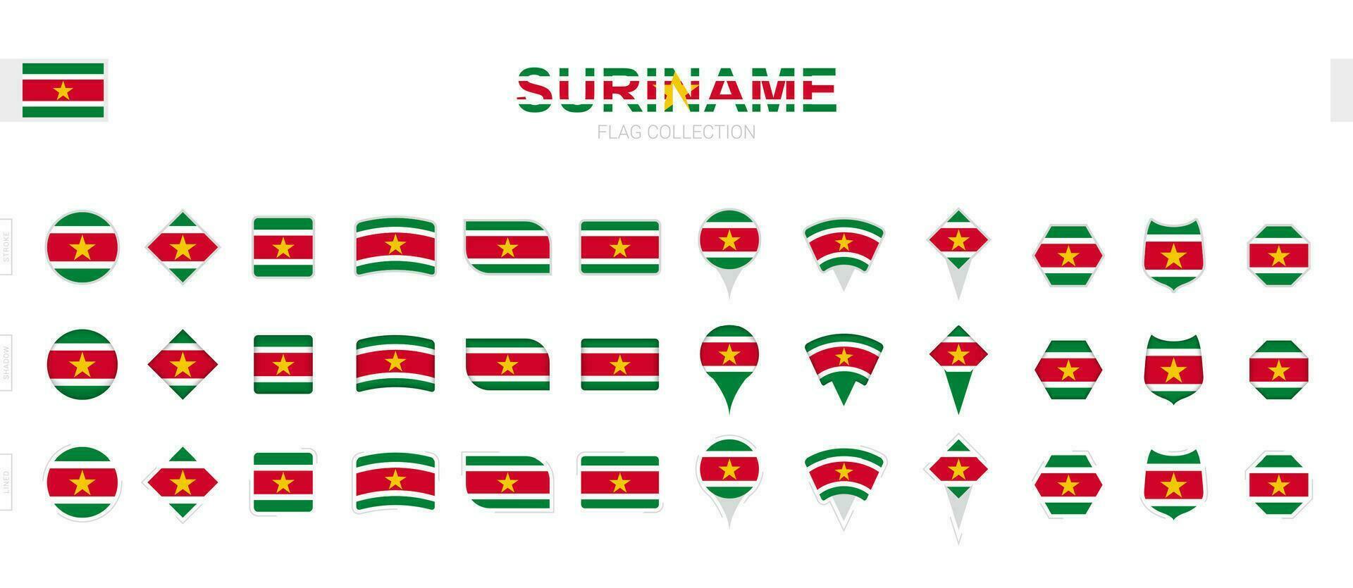 Large collection of Suriname flags of various shapes and effects. vector