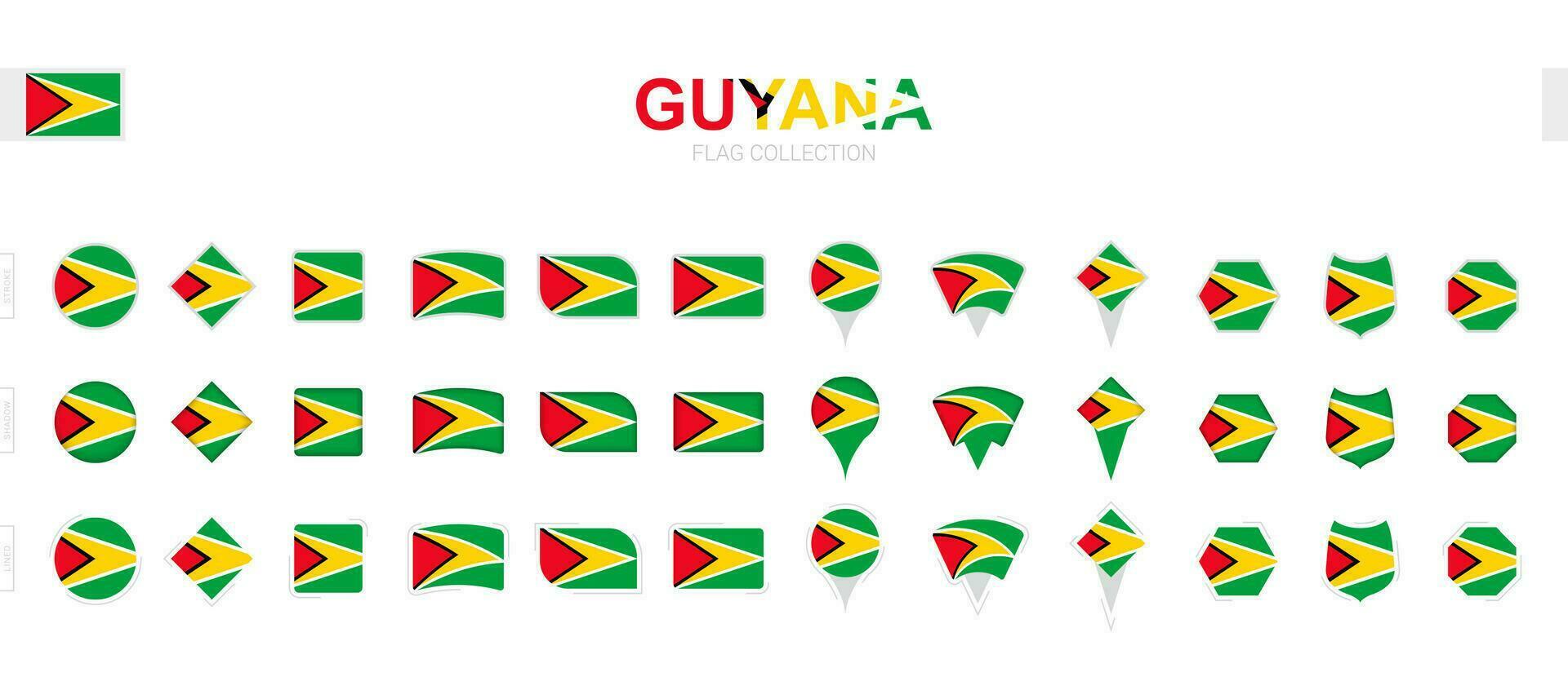 Large collection of Guyana flags of various shapes and effects. vector