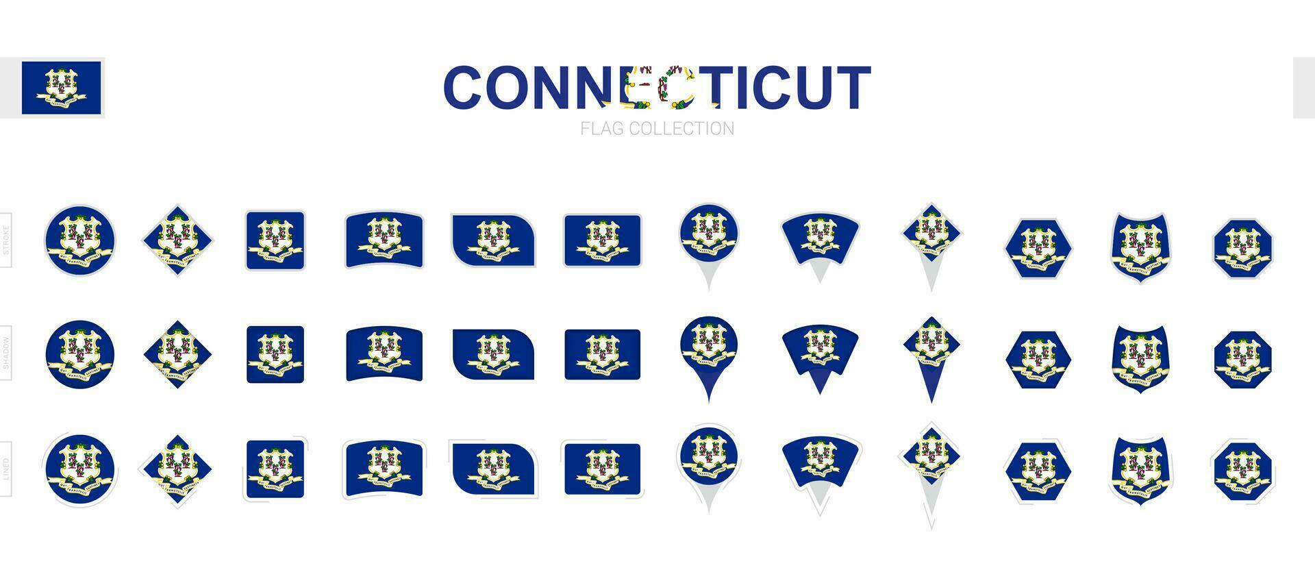 Large collection of Connecticut flags of various shapes and effects. vector