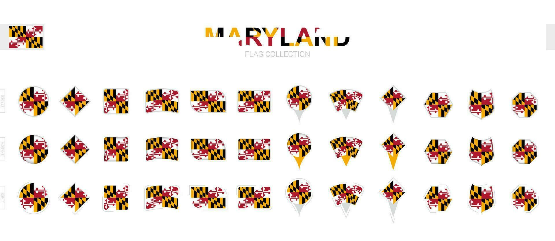Large collection of Maryland flags of various shapes and effects. vector