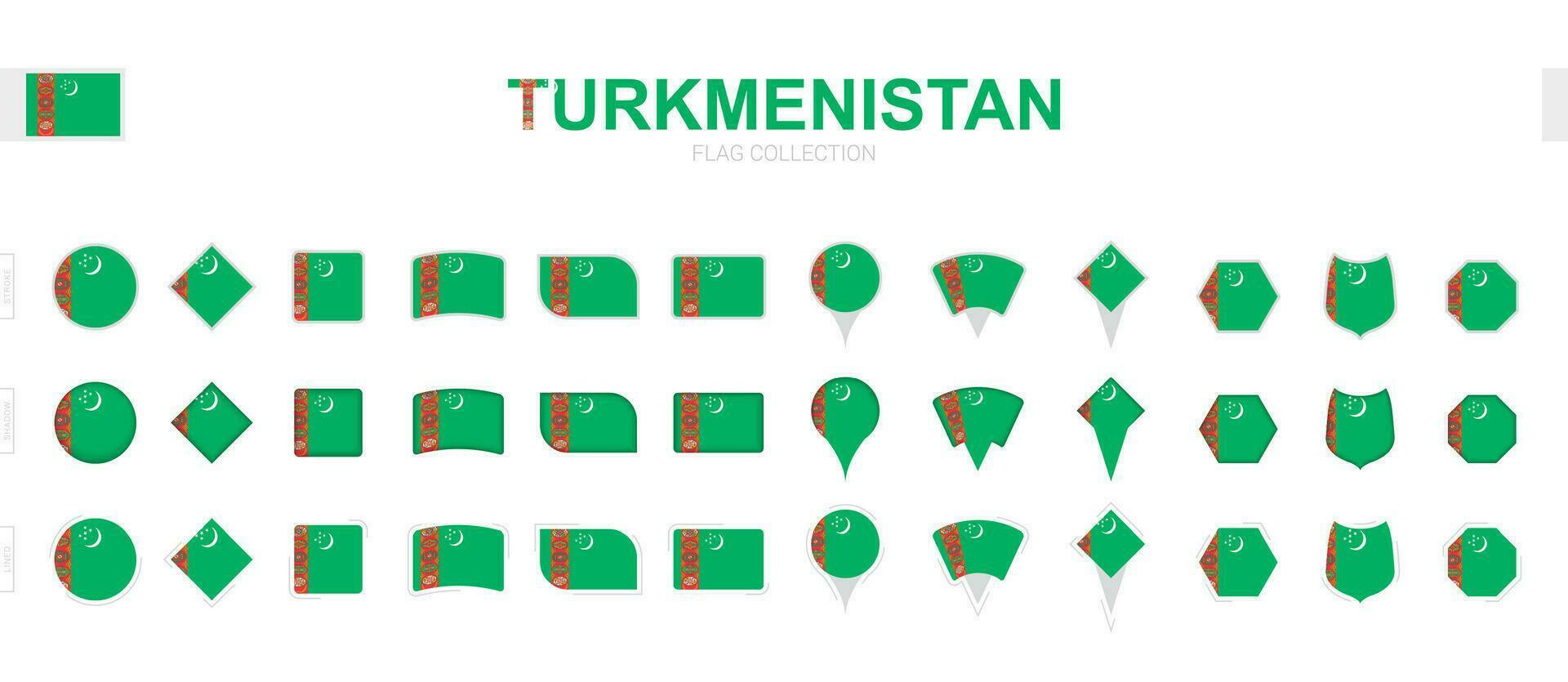 Large collection of Turkmenistan flags of various shapes and effects. vector