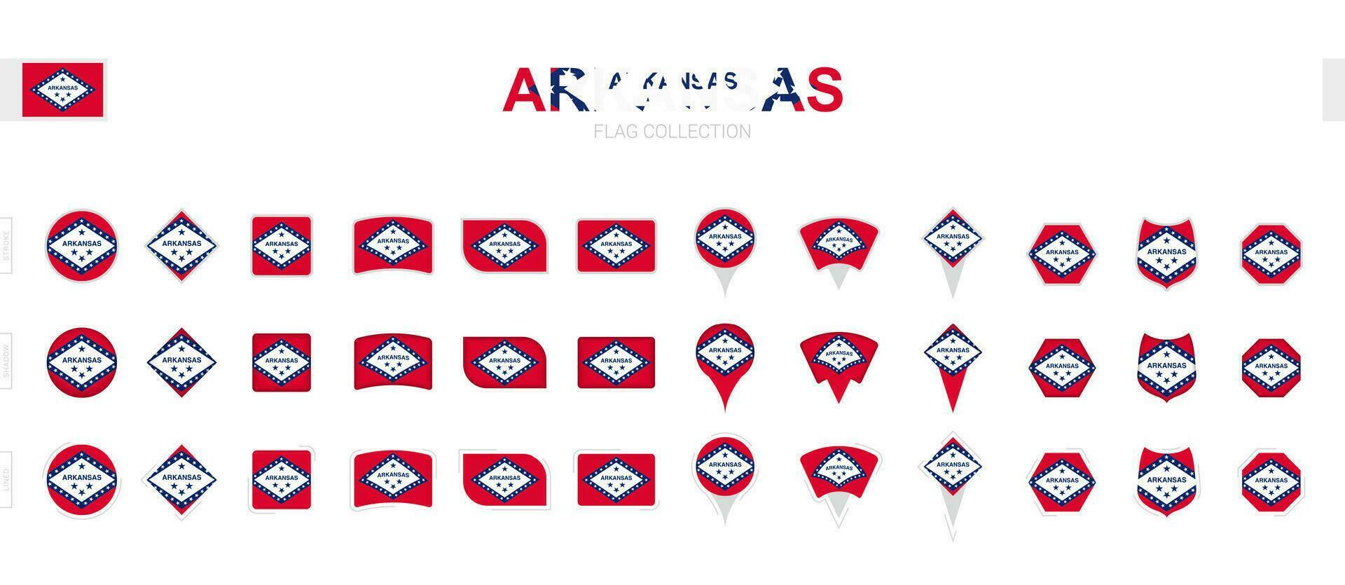 Large collection of Arkansas flags of various shapes and effects. vector