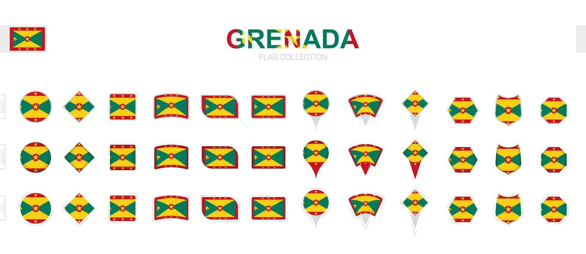 Large collection of Grenada flags of various shapes and effects. vector