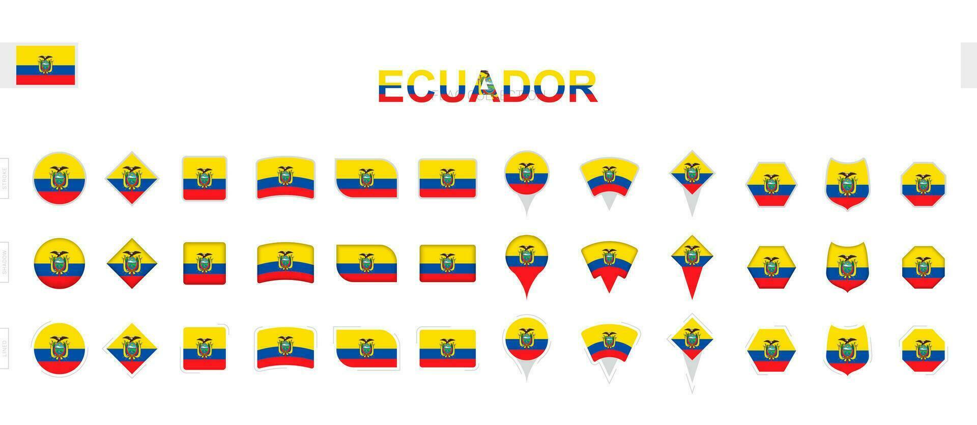 Large collection of Ecuador flags of various shapes and effects. vector