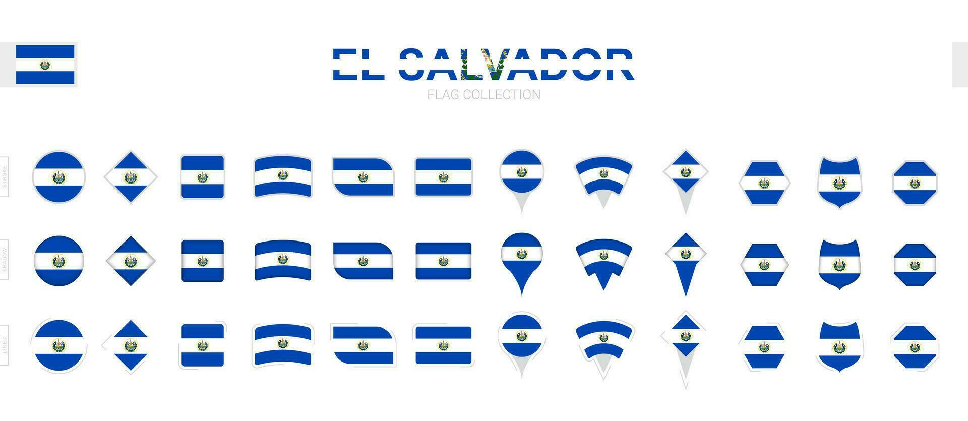 Large collection of El Salvador flags of various shapes and effects. vector