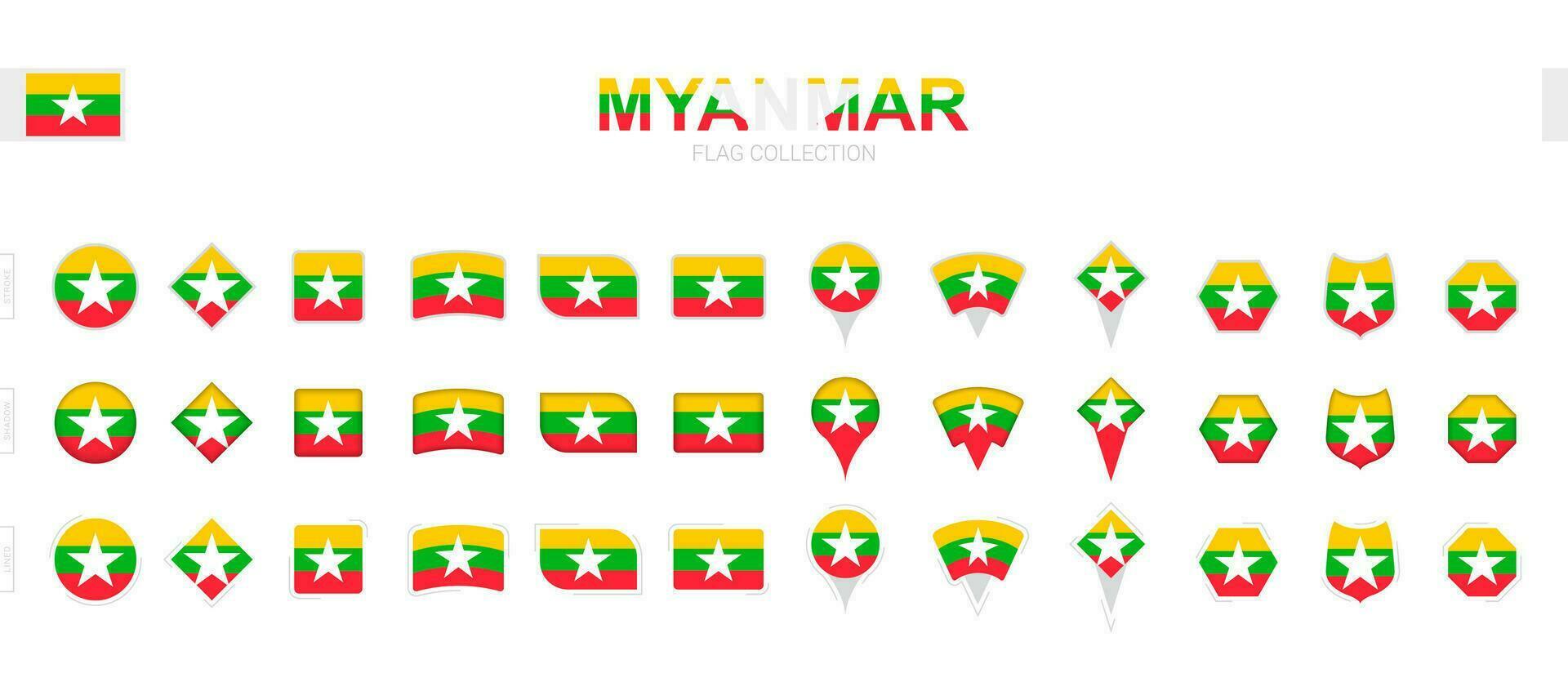 Large collection of Myanmar flags of various shapes and effects. vector