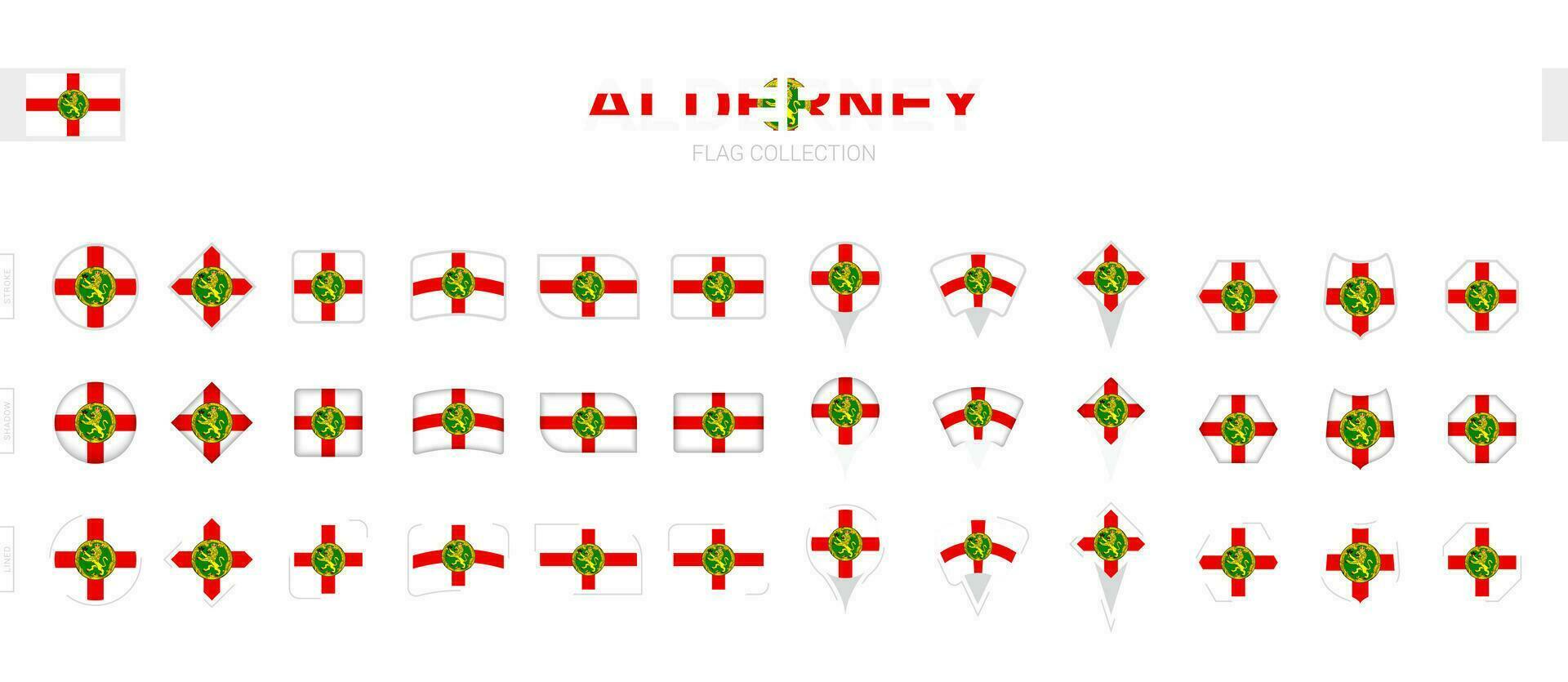 Large collection of Alderney flags of various shapes and effects. vector