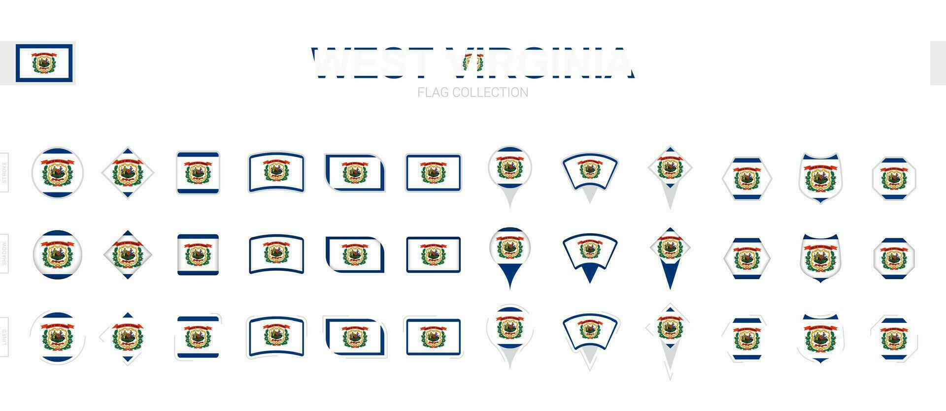 Large collection of West Virginia flags of various shapes and effects. vector