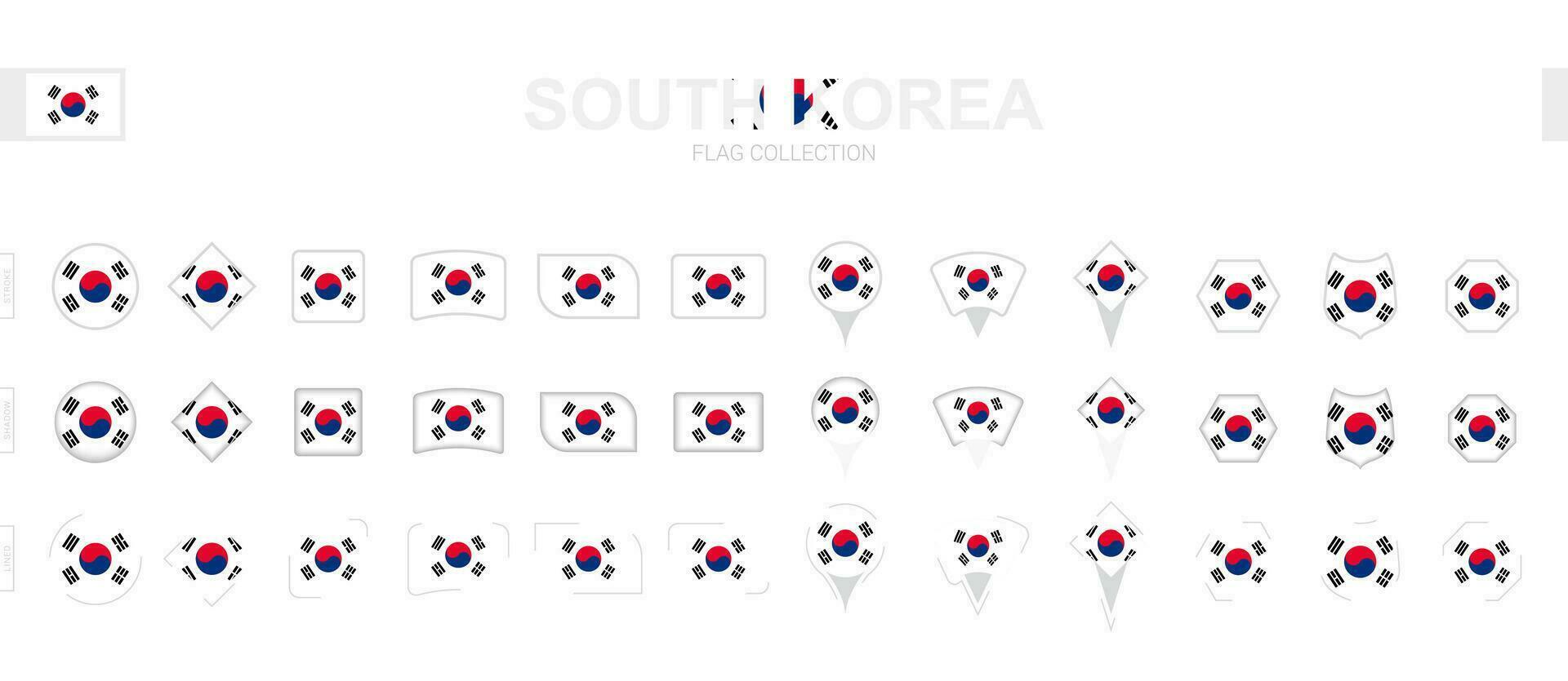 Large collection of South Korea flags of various shapes and effects. vector