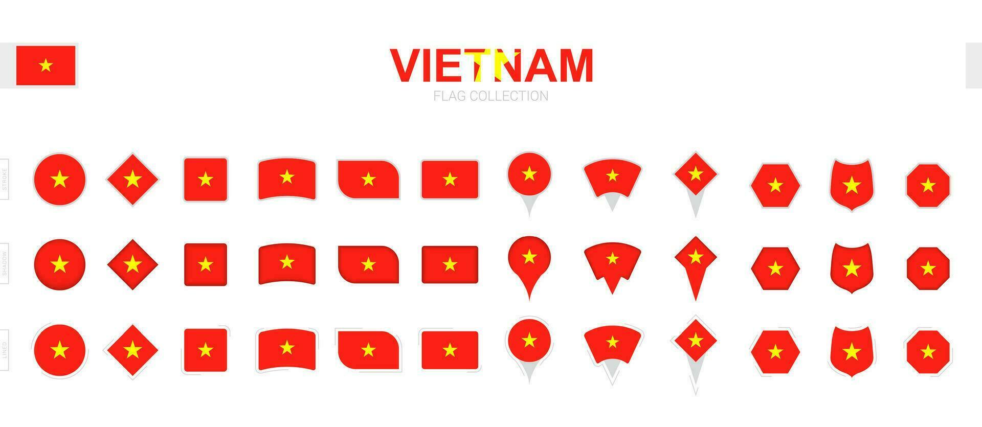 Large collection of Vietnam flags of various shapes and effects. vector