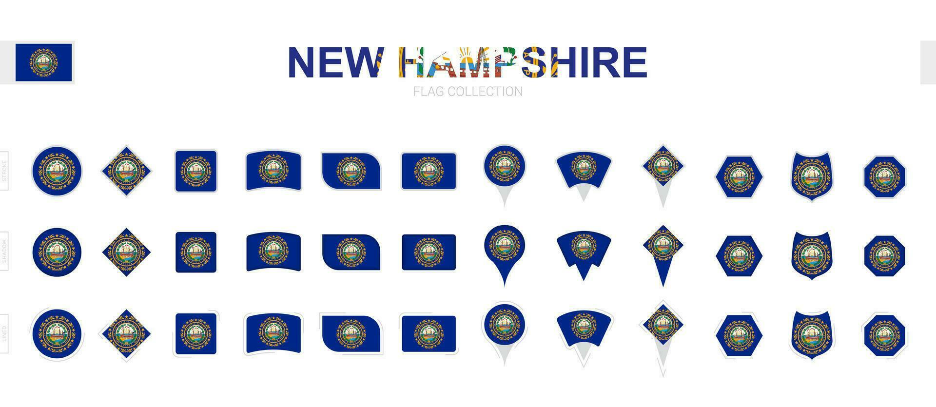 Large collection of New Hampshire flags of various shapes and effects. vector