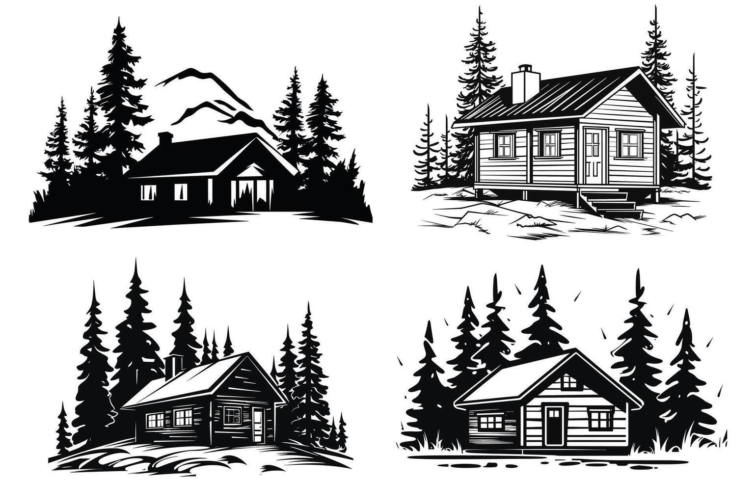 forest wooden house village cabin Silhouette, wooden cabin and pine forest mountain silhouette vector