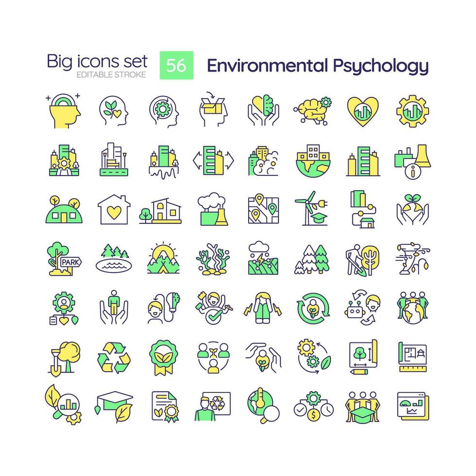 2D editable multicolor big simple icons set representing environmental psychology, isolated vector, linear illustration. vector