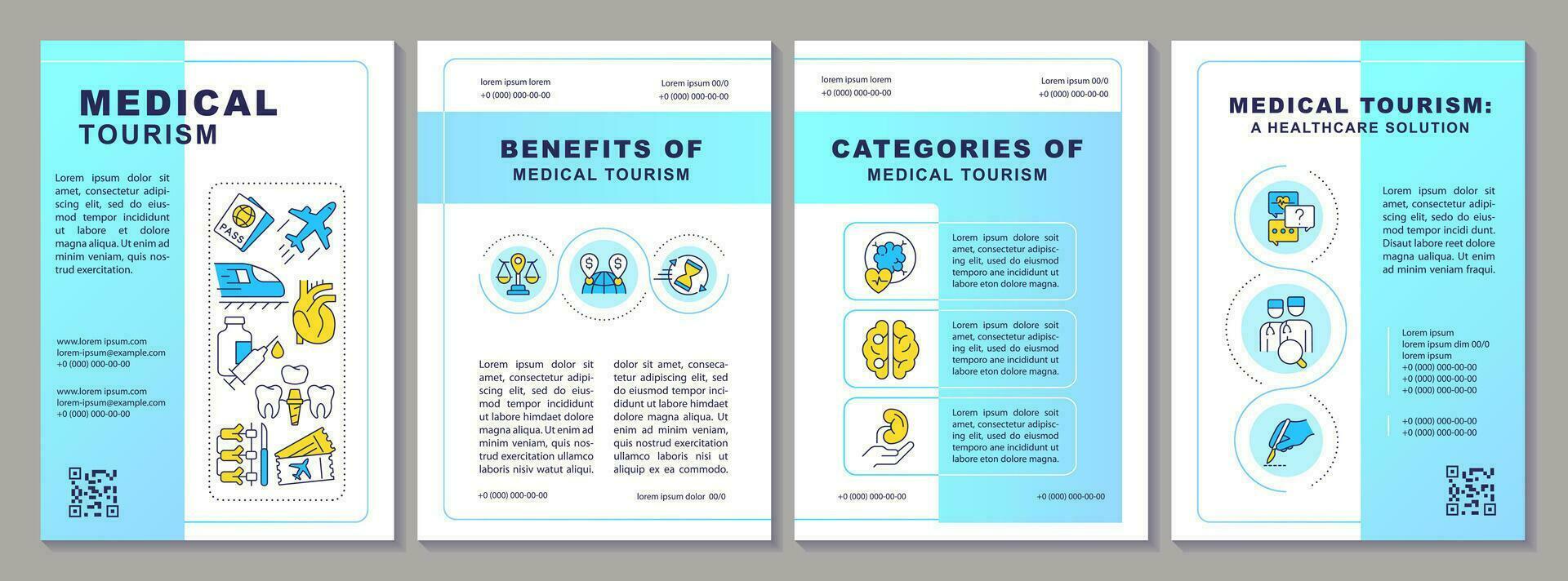 2D medical tourism creative brochure template, leaflet design with thin line icons, 4 vector layouts.