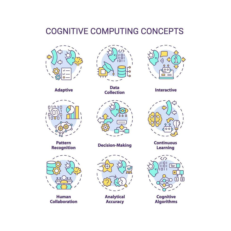Collection of 2D editable colorful thin line icons representing cognitive computing, isolated simple vector, linear illustration. vector