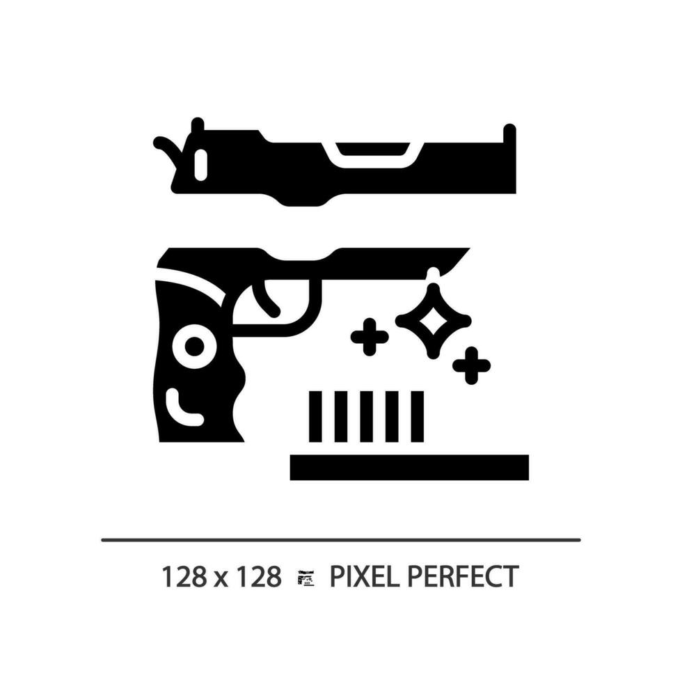 2d píxel Perfecto glifo estilo pistola limpieza icono, aislado vector, plano silueta ilustración representando armas vector