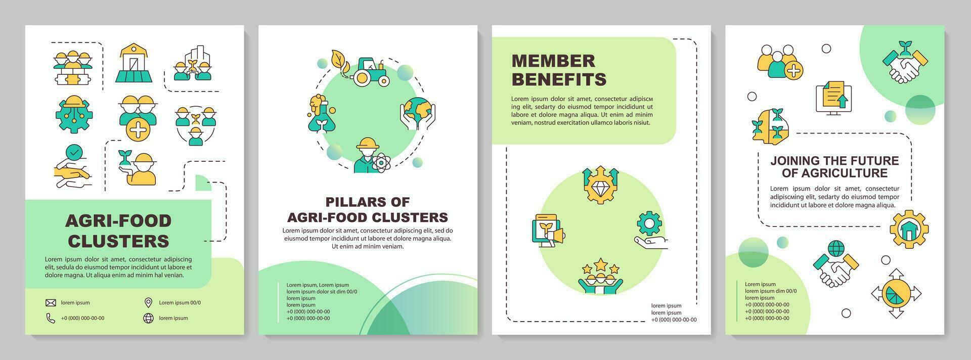 Agri-food clusters creative green gradient brochure template, leaflet design with thin linear simple icons, 4 vector layouts.