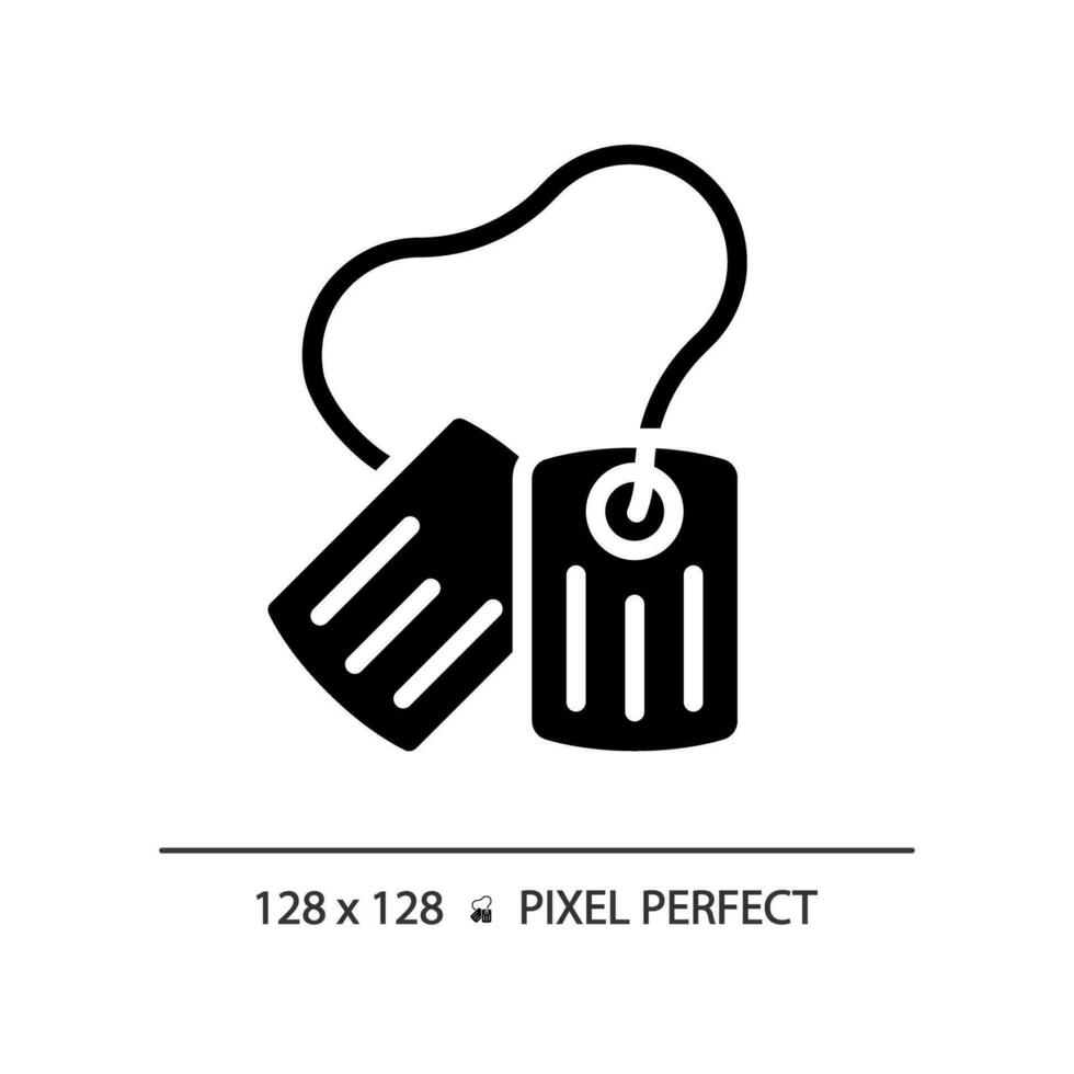 2D pixel perfect glyph style dog tag icon, isolated vector, flat silhouette illustration representing weapons. vector