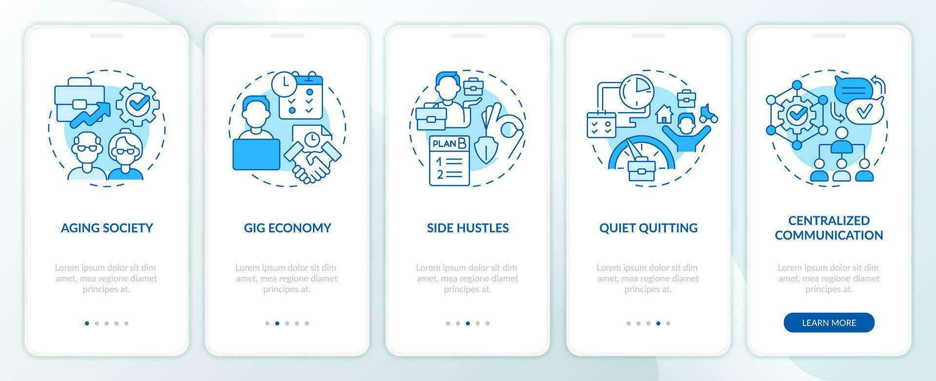 2D icons representing challenges of cognitive computing mobile app screen set. Walkthrough 5 steps blue graphic instructions with line icons concept, UI, UX, GUI template. vector