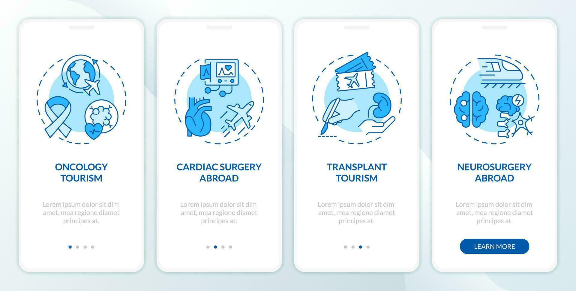 2D blue icons representing medical tourism mobile app screen set. Walkthrough 4 steps monochromatic graphic instructions with thin line icons concept, UI, UX, GUI template. vector