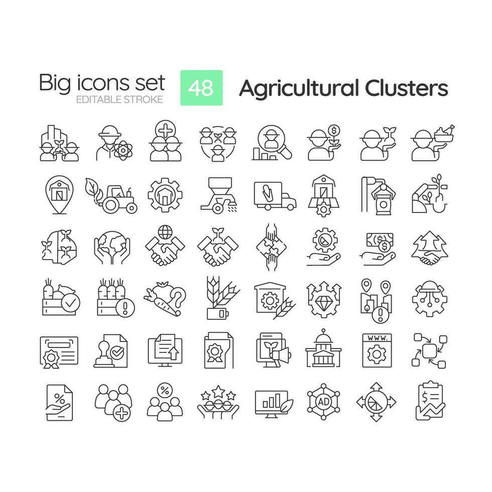 2D editable black big thin linear icons set representing agricultural clusters, isolated simple vector, linear illustration. vector