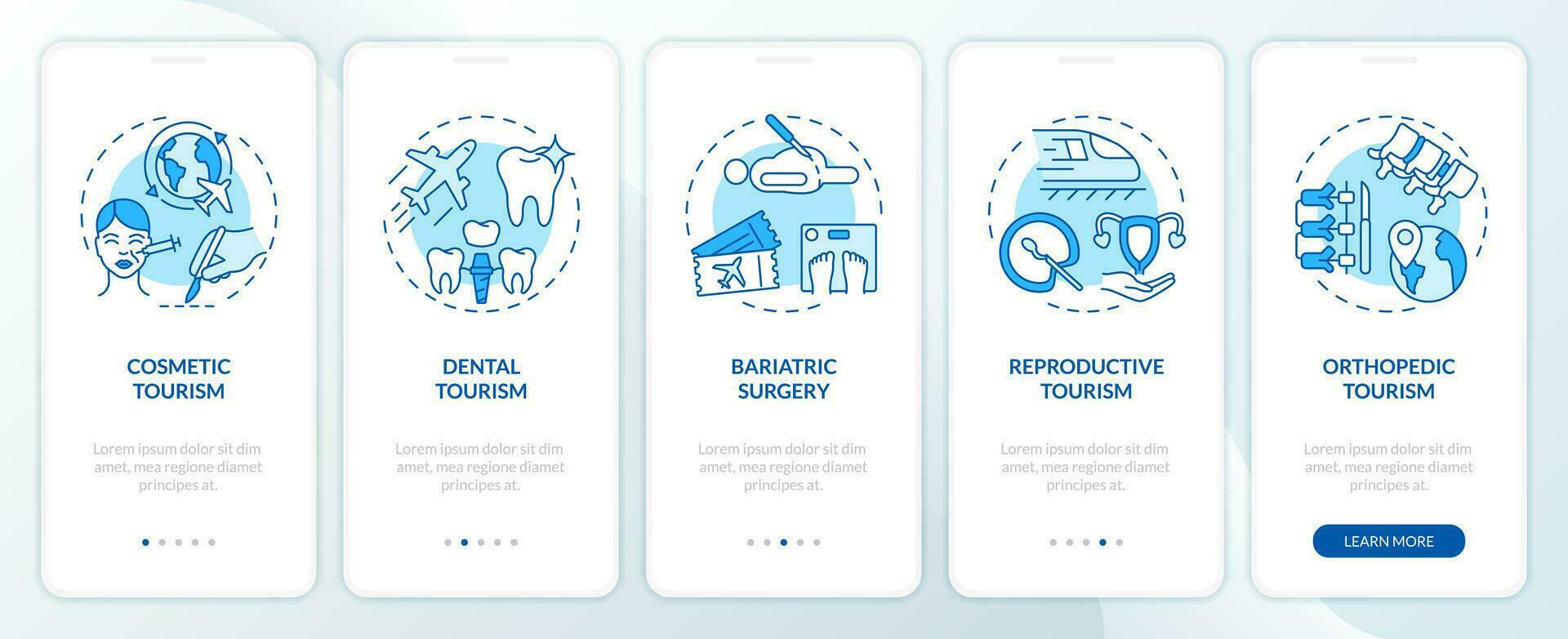 2D icons representing medical tourism mobile app screen set. Walkthrough 5 steps blue graphic instructions with thin line icons concept, UI, UX, GUI template. vector