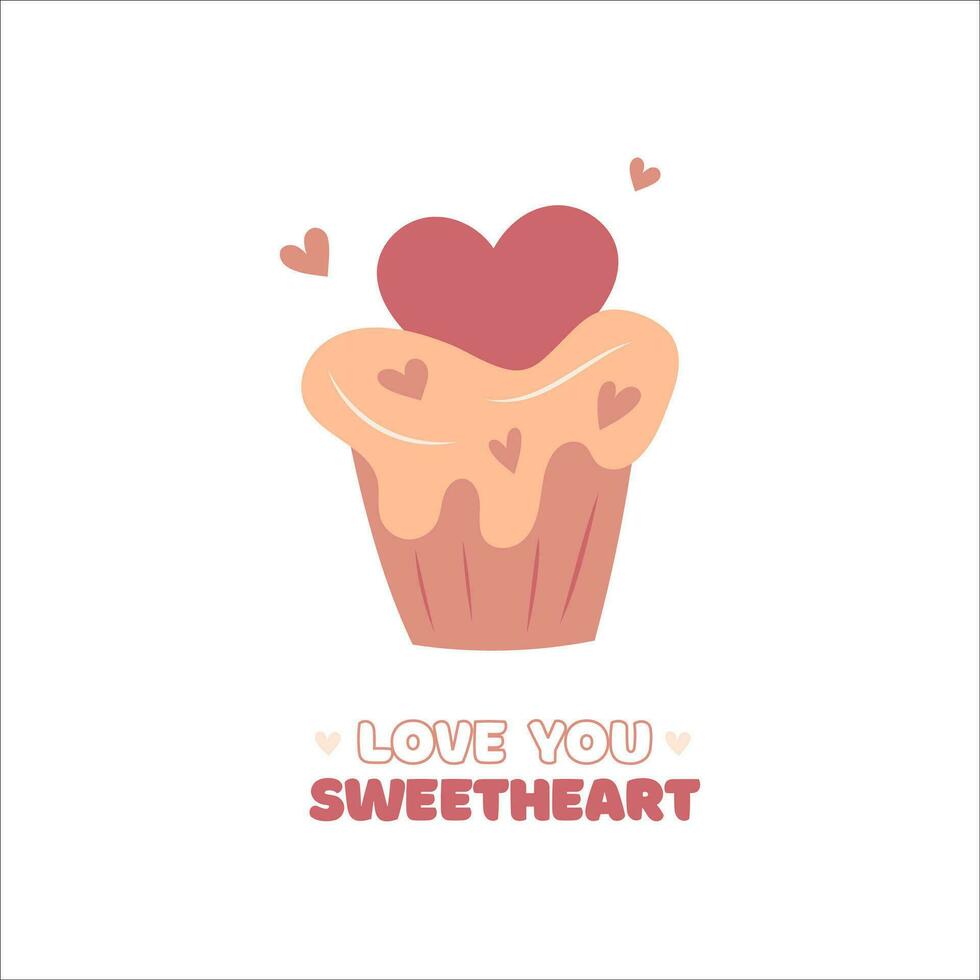 Hand draw Valentine's poscard with cupcake, hearts and lettering love you sweetheart. Peach fuzz, pink and red colors. Vector illustration on white background. Doodle style.
