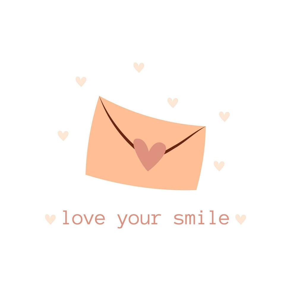 Hand draw Valentine's day poscard with envelope and hearts and lettering love your smile.Peach fuzz, pink and red colors. Vector illustration on white background.Doodle style.