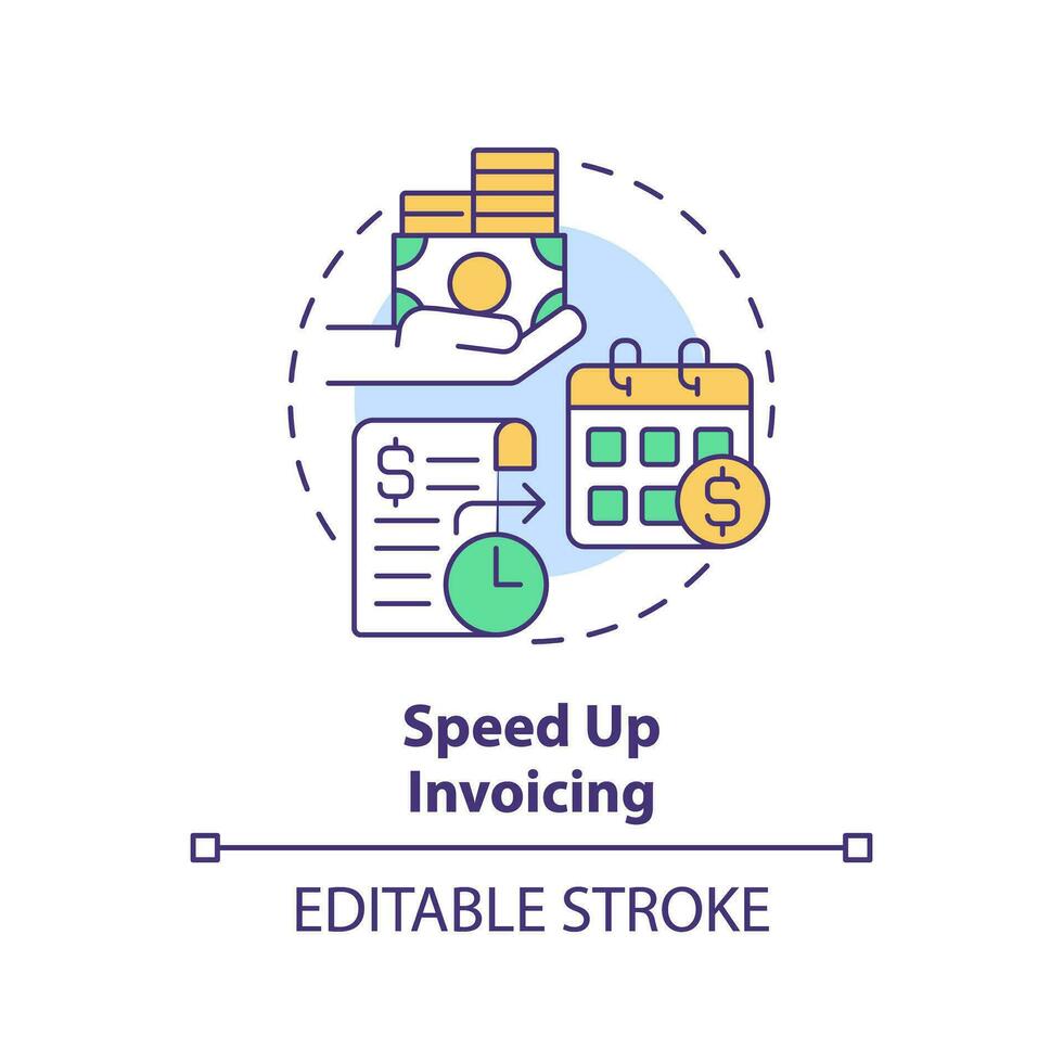 2D editable multicolor speed up invoicing icon, simple isolated vector, thin line illustration representing cash flow management. vector