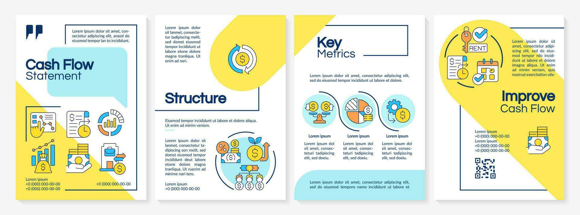 Cash flow creative brochure template, leaflet design with thin linear simple icons, 4 vector layouts.